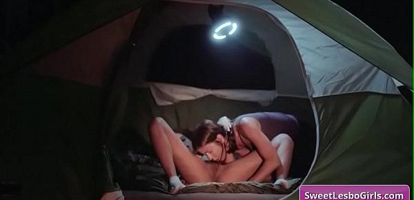  Horny natural big tit lesbian hot babes Gianna Dior, Shyla Jennings eating pussy in a tent while camping at night